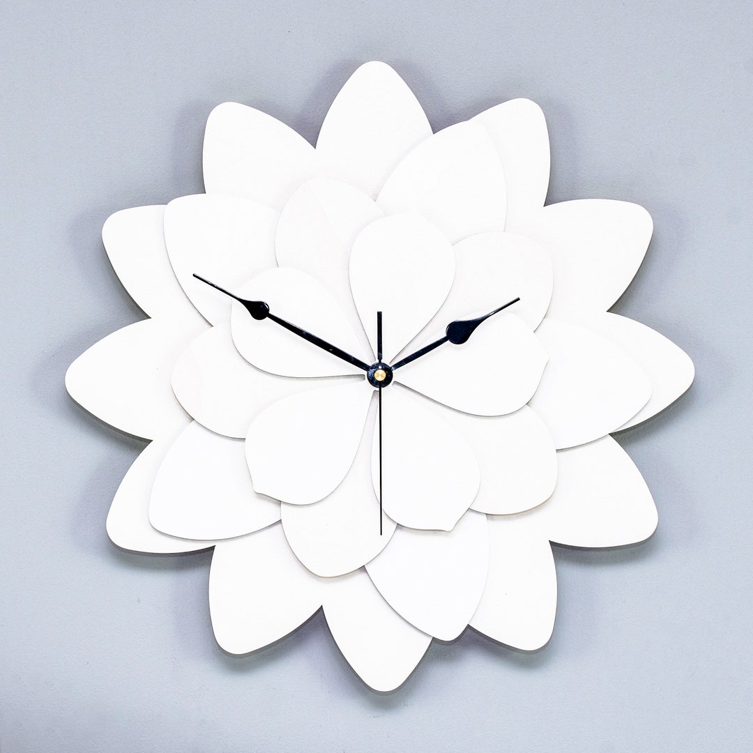 FLOWER WALL CLOCK, White, Wooden Wall Decor,clock for Bedroom, Living