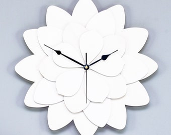 FLOWER WALL CLOCK, white, wooden wall decor,clock for bedroom, living room, minimalist, silent wall clock, fretwork,handmade, ornate clock
