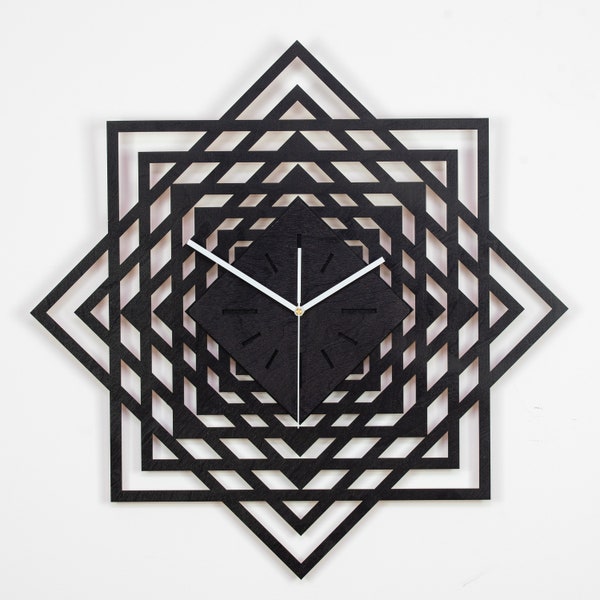 MODERN, wooden, geometric wall clock, black, for bedroom, living room, minimalist, silent wall clock, slats,fretwork,handmade, ornate clock