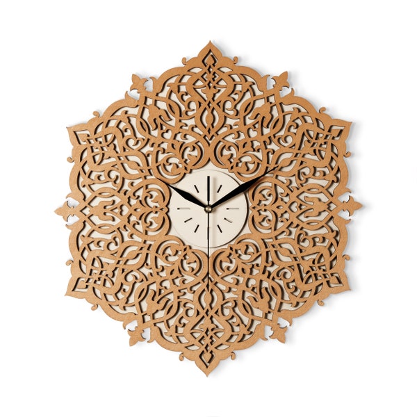 Horloge murale MAROCAINE, ORIENTALE, décorative, style islamique, arabe, horloge en bois, chambre à coucher, salon, silencieux, chantournage, fait main, horloge ornée