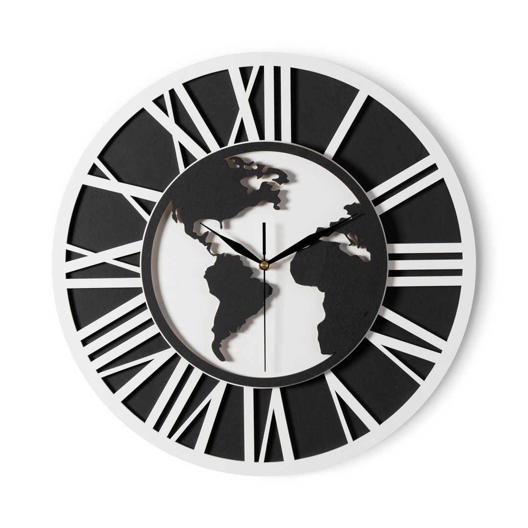 MODERN WALL CLOCK, Map of World, Wooden Clock for Bedroom, Living Room