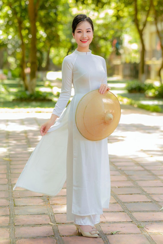 Ao Dai Silk, Traditional Vietnam Dress, Small Flower Elegant Aodai White  With Pants -  Canada
