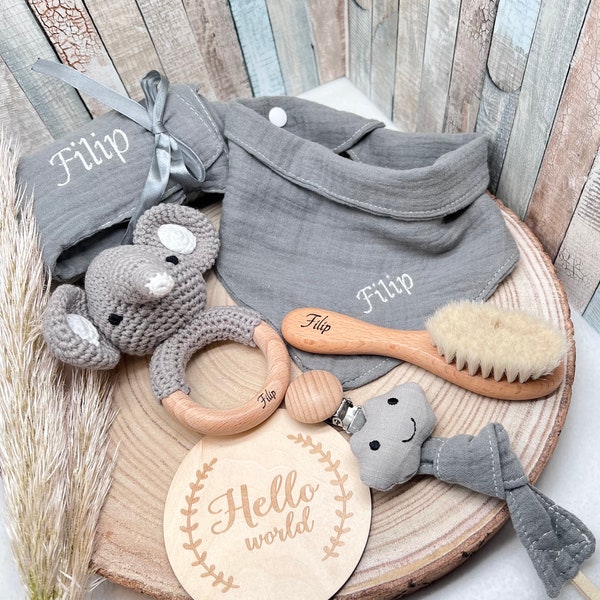 Newborn Set XXL „kleiner Elefant Bamboo“ personalisierbar mit Namen für Geburt , Taufe , Babyparty oder einfach so - 6 Teile