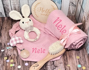 Newborn Set „kleiner Hase Rosi“ personalisierbar mit Namen für Geburt , Taufe , Babyparty oder einfach so - XXL 6 Teile