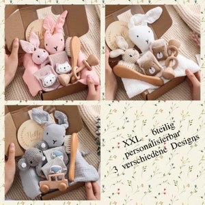 Newborn Set XXL "kleiner Hase" personalisierbar mit Namen für Geburt , Taufe , Babyparty oder einfach so - 6 Teile - 3 verschiedene Designs