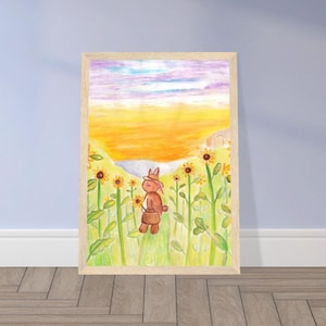 Lámina decorativa de Pascua - Miss Rabbit y girasoles - Póster de papel mate de primera calidad - Tamaño A4 21 cm x 29,7 cm