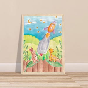 Lámina de pared para guardería - Conejo, jirafa y cohete - Póster de papel mate de primera calidad - Tamaño A4 21 cm x 29,7 cm