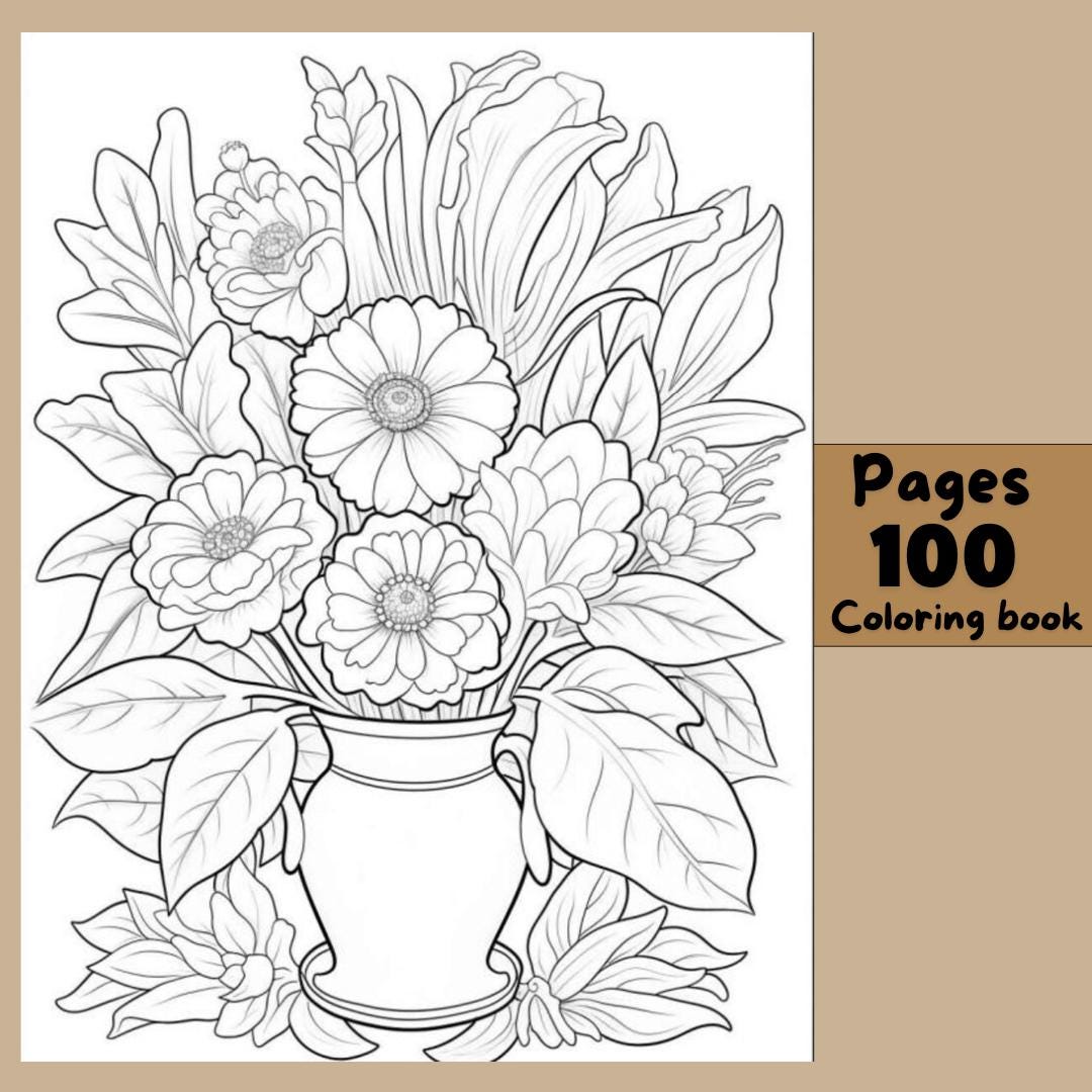 Relaxing Flower Coloring Book | Set of 100 Pages | Digital Coloring Pages | Flower Printables Adult Coloring Book | Instant Digital Download