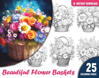 Libro para colorear de cestas de flores / 25 diseños florales relajantes (archivos PDF)