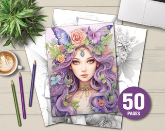 50 Fairy Coloring Pages | Grayscale Illustrations for Adults (Digital Download)