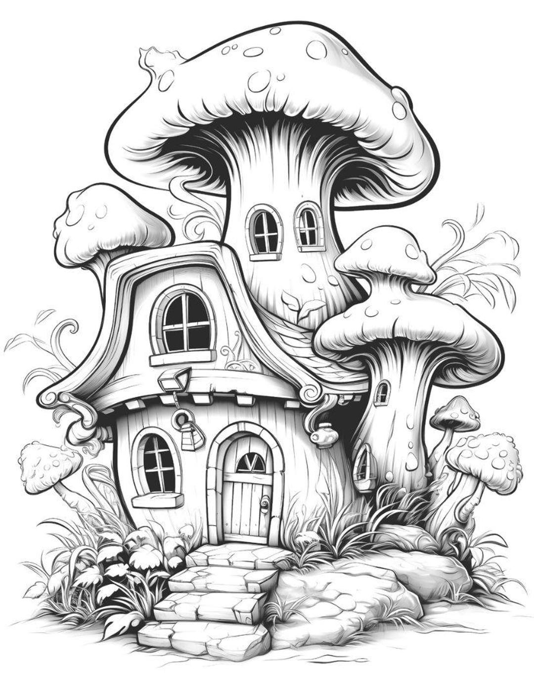 Mushroom Fairy House Coloring Pages | 50 Light & Dark Designs (PDF File ...
