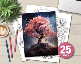 Blooming Trees Coloring Book | Relaxing Floral Illustrations (PDF Files)
