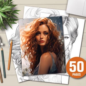 美しい女性の塗り絵 50 枚 | インスタント デジタル ダウンロード | 大人の塗り絵 | ライト バージョンとダーク バージョン PDF | グレースケールの塗り絵
