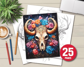 Livro de colorir caveiras florais | 25 páginas relaxantes (arquivos PDF)