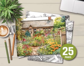 Libro para colorear de jardines de cabañas / Diseños de cestas de flores (archivos PDF)