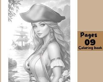 Pirate Woman Coloring Book | Grayscale Portrait Pages (PDF)