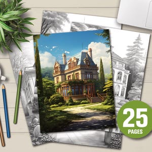 25 German Luxury Villas Coloring Books | Light and Dark Version PDF | Grayscale Coloring Sheets | Instant Download | Adults Coloring Pages