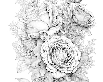 Può includere: Un disegno a matita in bianco e nero di un bouquet di rose con foglie e boccioli. Le rose sono in piena fioritura e hanno un'atmosfera delicata e romantica.