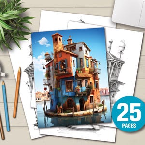 25 Little Venice Houses Coloring Pages | Instant Digital Download | Adults Coloring Page | Light and Dark Version PDF Files | Coloring Sheet