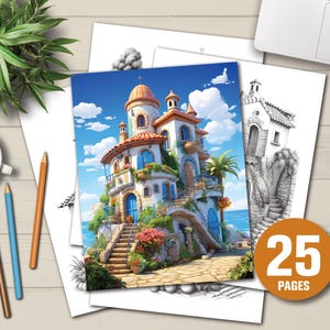 25 Little Mediterranean Houses Coloring Pages | Instant Download | Adults Coloring Pages | Light and Dark Version PDF Files | Coloring Sheet