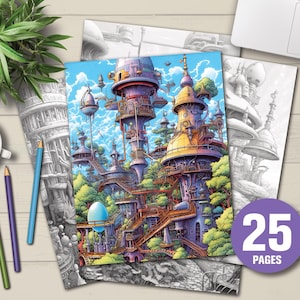 25 Sci-fi City Coloring Pages | Grayscale Coloring Pages | Light and Dark Version PDF File | Instant Download | Kids And Adult Coloring Page