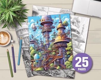 Sci-Fi City Coloring Pages | Grayscale Light & Dark (PDF File)