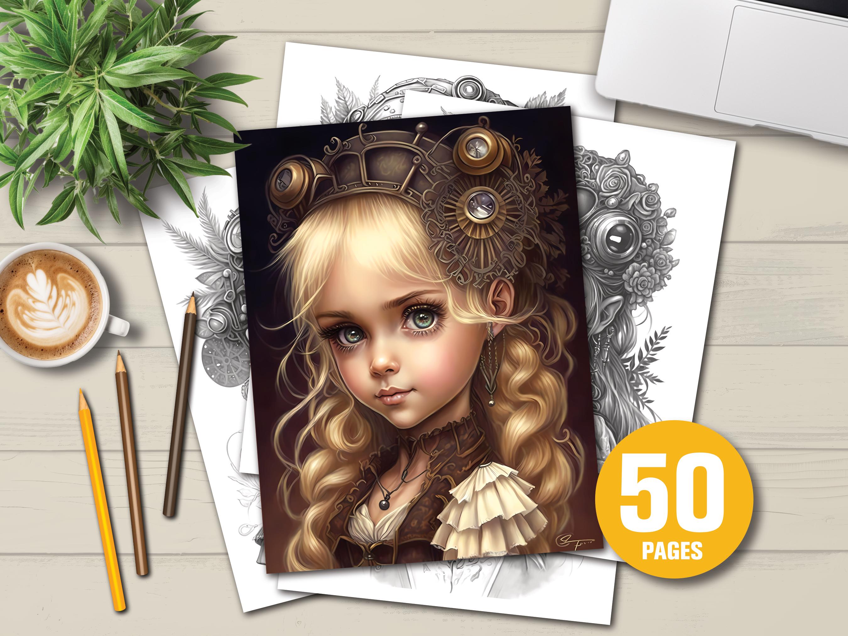 50 Steampunk Girls Coloring Pages | Light & Dark (digital Download PDF ...