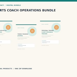 May include: A digital bundle titled Sports Coach Operations Bundle by MDI Agency. It includes three documents: Client Onboarding Kit for Coaches, Tennis Training Journal, and Personal Trainer Client Progress Tracker. Each features a teal and orange graphic.