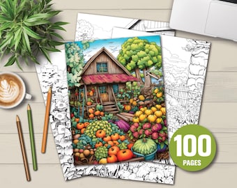 100 libros para colorear de huertos de agricultores / Descarga digital instantánea / Hojas para colorear relajantes para adultos y niños / Versión clara y oscura / Archivos PDF