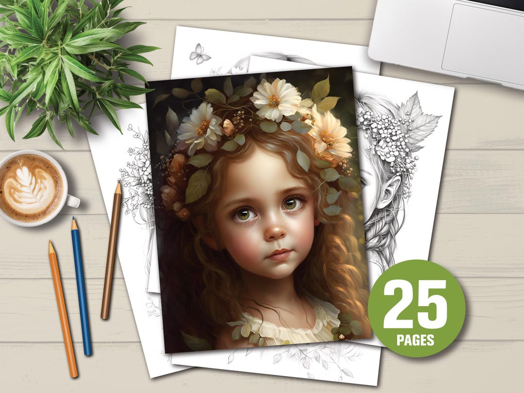 Flower Girls Coloring Book | 25 Relaxing Grayscale Pages (digital ...