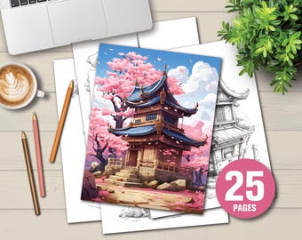 Japanese Houses Coloring Pages | Light & Dark Version (Digital Download)