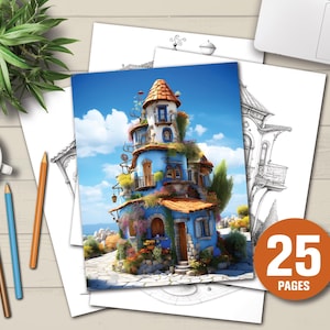 25 Little Turkish Houses Houses Coloring Page | Instant Download | Adults Kids Coloring Page | Grayscale Coloring Book | Light and Dark PDF