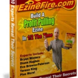 May include: A yellow and red book cover with the title "Build A Profit Pulling Ezine In 1/2 The Time". The cover features a man in a suit giving a thumbs up and the text "10 Experts Reveal Their Secrets" on the front and back covers.