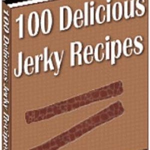 May include: A brown book with the title "100 Delicious Jerky Recipes" printed in white. The book cover features a graphic of two brown and red jerky strips.
