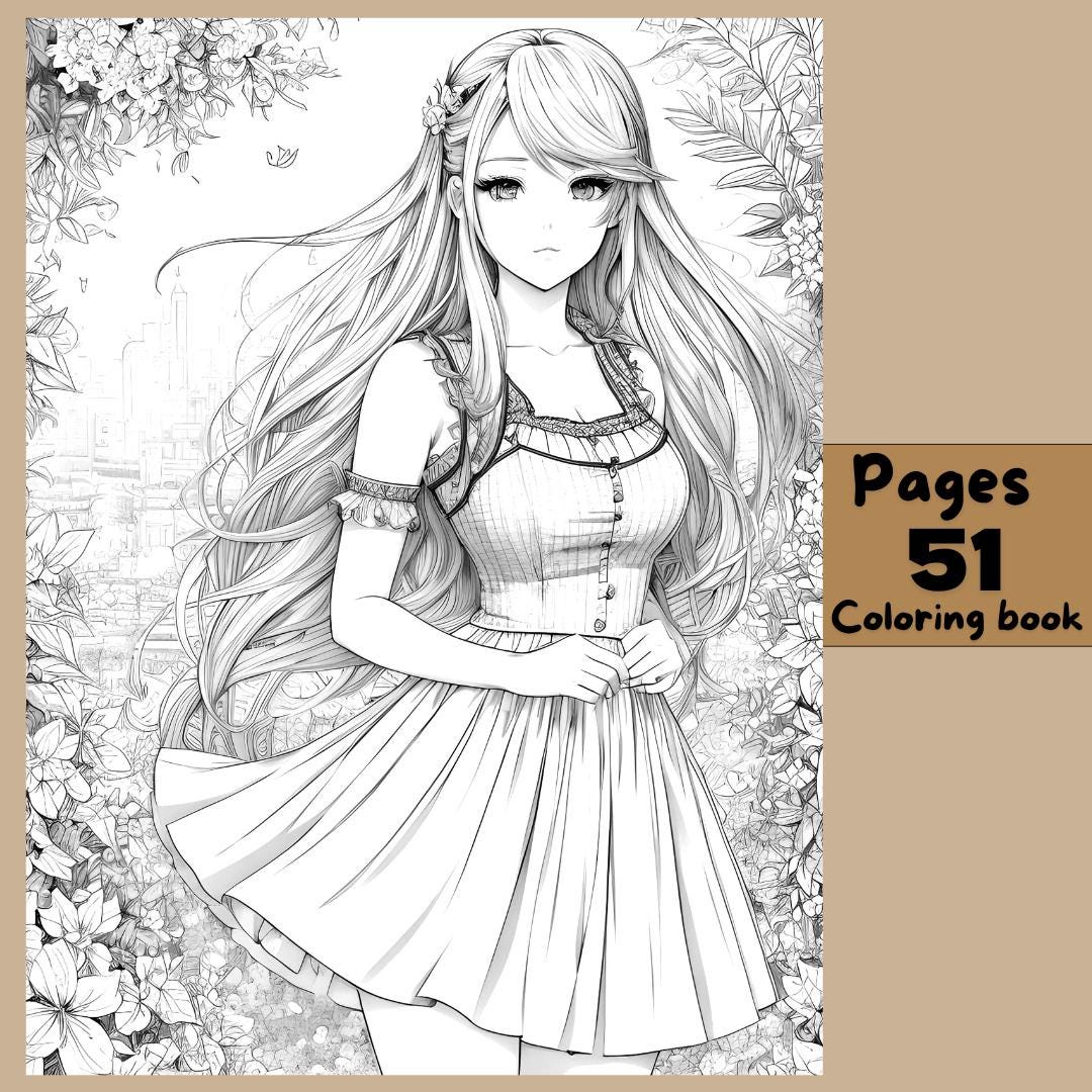 Set of 51 Cute Anime Girl Coloring Pages | Digital PDF and JPG | Coloring Book for Kids or Adults | Grayscale Coloring Pages | Gift for Her