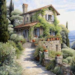 Peut inclure: Une maison en pierre avec un toit en terre cuite est recouverte de vignes vertes et possède des volets bleus. La maison est située sur une colline avec un chemin en pierre qui mène à elle. Il y a de nombreuses plantes en pot et des fleurs autour de la maison.