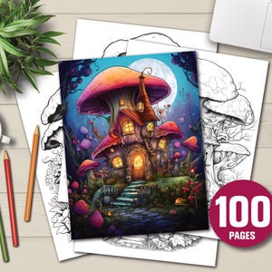 100 Mushroom House Coloring Page | Fairy House Coloring Page | Grayscale Printable Fairies Fantasy Home | FairyTale for Adult and Kids Print