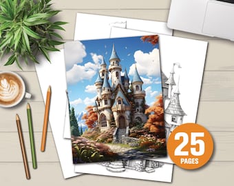 Páginas para colorear de la Casa del Castillo / 25 ilustraciones en escala de grises (Descarga digital)