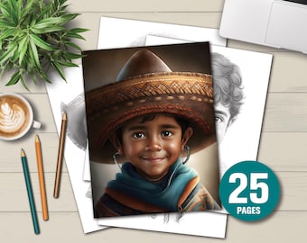 Mexican Boys Coloring Book | Grayscale Pages, Cultural Art (Digital Download)