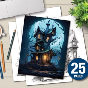 25 libros para colorear de casas embrujadas / Descarga digital instantánea / Páginas para colorear para adultos / Versión clara y oscura en PDF / Hojas para colorear en escala de grises