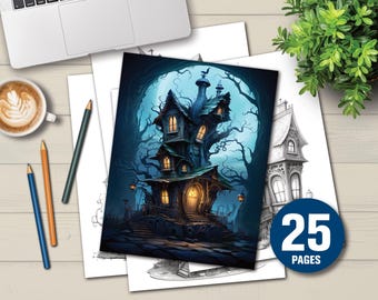 Haunted Houses Coloring Book | Grayscale Illustrations (Digital Download)