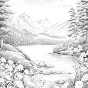 Könnte beinhalten: Schwarz-Weiß-Illustration einer ruhigen Landschaft mit See, Bergen und Bäumen. Weiße Blumen blühen im Vordergrund, mit einer detaillierten Darstellung der natürlichen Umgebung. Das Bild eignet sich zum Ausmalen.