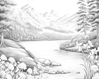 以下が含まれることがあります： 湖、山、木々が描かれた、穏やかな風景の白黒イラスト。前景には白い花が咲き、自然環境が詳細に描かれています。塗り絵に適した画像です。