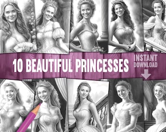 10 Princesses Coloring Pages | Light and Dark Version | Disney Princess Party Favors | Princess Coloring Book PDF | Instant Digital Download
