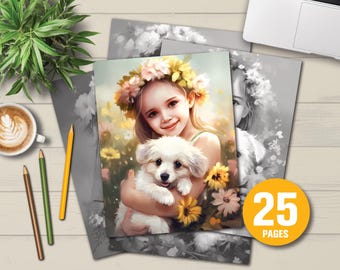 Girls and Dogs Coloring Pages | Relaxing Art (Digital Download)