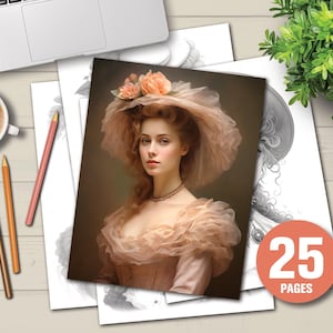25 Victorian Style Women Coloring Pages | Kids Coloring Sheets | Light And Dark Version | Grayscale Coloring Book | Instant Digital Download