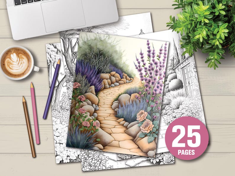Garden Paths Coloring Pages | Grayscale for Adults & Kids (digital ...