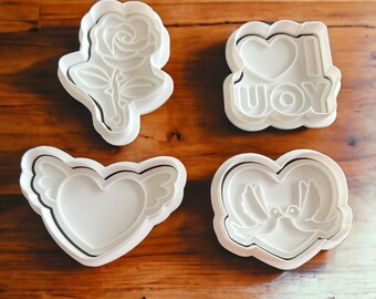 Valentine Cookie Cutters-Four Pack-Set 2||Rose||I Love You||Winged Heart||Heart with Doves