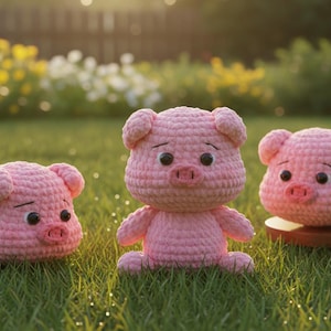 May include: Three handmade pink crochet pig figurines are displayed on a grassy lawn. One pig is sitting upright, while the other two are lying down. The pigs have black eyes and small ears. The background features flowers and sunlight.