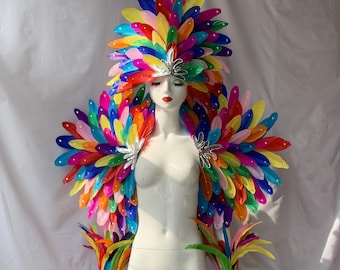 Enfeite de cabeça de penas de carnaval grande e colorido/enfeite de cabeça de cristais/enfeite de cabeça de carnaval personalizado/ombro de cristais